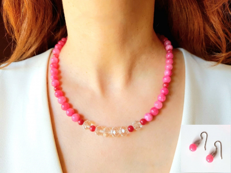 Seturi Handmade - Colier si cercei - Set colier si cercei cu jad roz si cristale