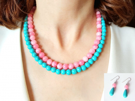 Seturi Handmade - Colier si cercei - Set colier si cercei cu jad roz si turcoaz