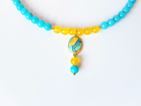 Set colier si cercei cu jad turcoaz si agat galben, pandantiv email [3]