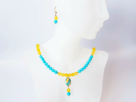Set colier si cercei cu jad turcoaz si agat galben, pandantiv email [8]