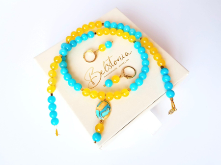 Set colier si cercei cu jad turcoaz si agat galben, pandantiv email [9]