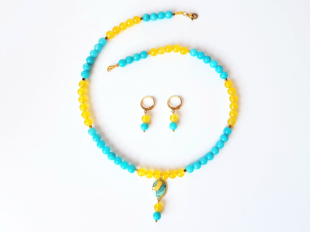 Set colier si cercei cu jad turcoaz si agat galben, pandantiv email [2]