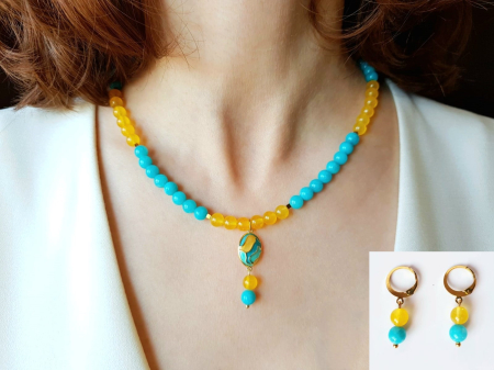 SETURI - Set colier si cercei cu jad turcoaz si agat galben, pandantiv email
