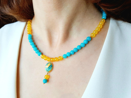 Set colier si cercei cu jad turcoaz si agat galben, pandantiv email [5]