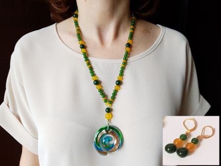 Seturi Handmade - Colier si cercei - Set colier si cercei cu jad verde si galben si pandantiv Murano