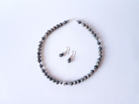 Set colier si cercei cu jasp gri, hematite, perla centrala si cristale [2]