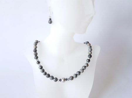 Set colier si cercei cu jasp gri, hematite, perla centrala si cristale [6]