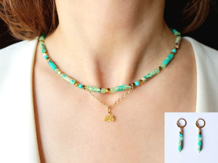 Seturi Handmade - Colier si cercei - Set colier si cercei cu jasp imperial verde si pandantiv floare de lotus