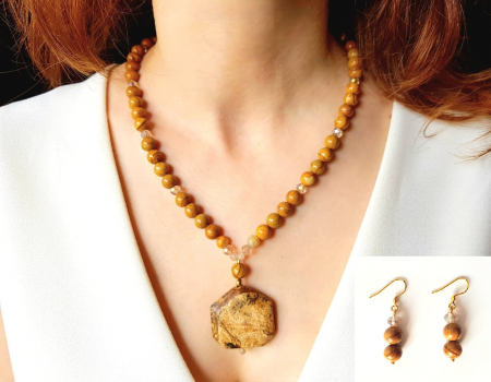 Seturi Handmade - Colier si cercei - Set colier si cercei cu jasp maro si pandantiv jasp