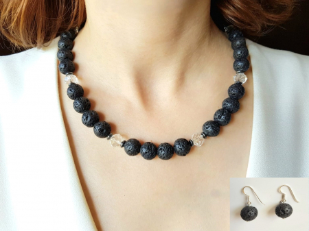 Seturi Handmade - Colier si cercei - Set colier si cercei cu lava neagra si hematit