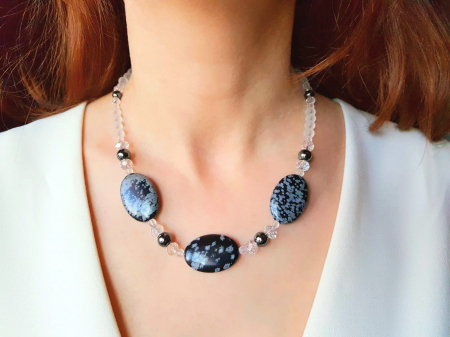 Set colier si cercei cu obsidian, hematit si cristal de stanca [7]