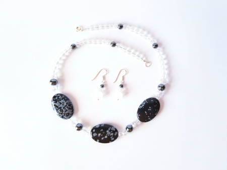 Set colier si cercei cu obsidian, hematit si cristal de stanca [4]