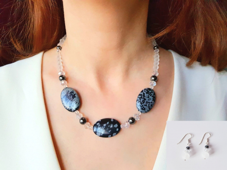 Seturi Handmade - Colier si cercei - Set colier si cercei cu obsidian, hematit si cristal de stanca
