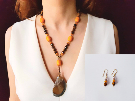 Seturi Handmade - Colier si cercei - Set colier si cercei cu ochi de tigru, jad galben si pandantiv agata