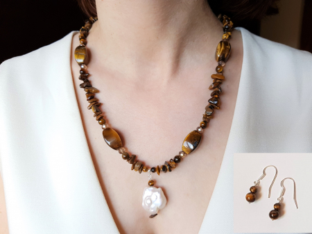 Seturi Handmade - Colier si cercei - Set colier si cercei cu ochi de tigru si perla baroc