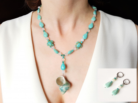 SEASHELL COLLECTION - Set colier si cercei cu turcoaz, agate si pandantiv scoica naturala