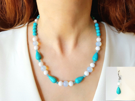 Seturi Handmade - Colier si cercei - Set colier si cercei cu turcoaz reconstituit, opalit si jad alb