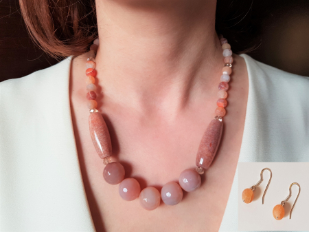 Seturi Handmade - Colier si cercei - Set colier si cercei de agate roz-somon