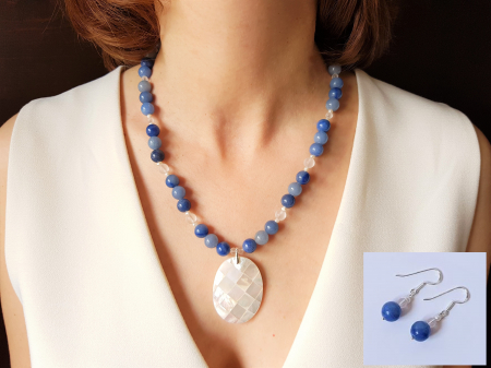 Seturi Handmade - Colier si cercei - Set colier si cercei de aventurin albastru cu pandantiv sidef