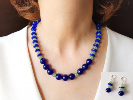 Seturi Handmade - Colier si cercei - Set colier si cercei de jad bleumarin cu aventurin