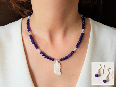 Seturi Handmade - Colier si cercei - Set colier si cercei de jad mov cu pandantiv sidef frunza