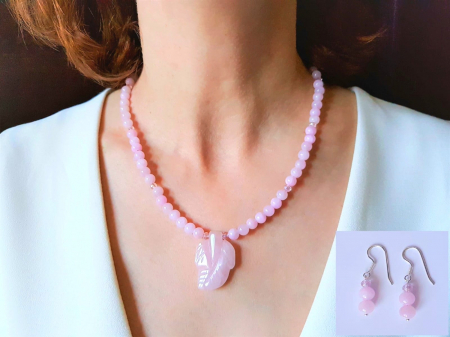 Seturi Handmade - Colier si cercei - Set colier si cercei de jad roz cu pandantiv frunza cuart roz