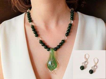 Seturi Handmade - Colier si cercei - Set colier si cercei de jad verde cu pandantiv murano