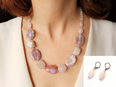 Seturi Handmade - Colier si cercei - Set colier si cercei din cuart roz si agate roz