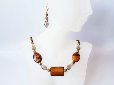 Set colier si cercei din ochi de tigru, hematit auriu si cristale [4]