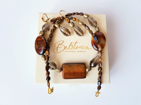 Set colier si cercei din ochi de tigru, hematit auriu si cristale [9]