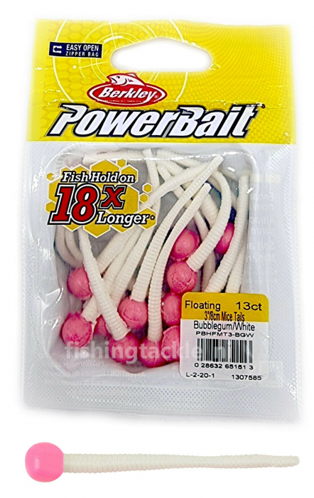 Momeala Berkley PowerBait Floating Mice Tails Original Scent, 8 cm, Bubblegum/ White, 13 bucati [2]