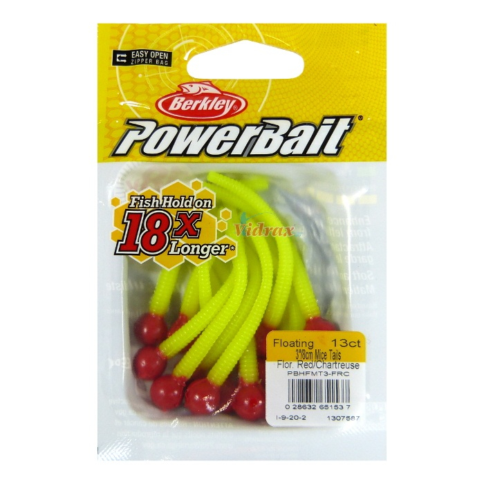 Momeala Berkley PowerBait Floating Mice Tails Original Scent, 8 cm, Fluorescent Red/ Chartreuse, 13 bucati [2]