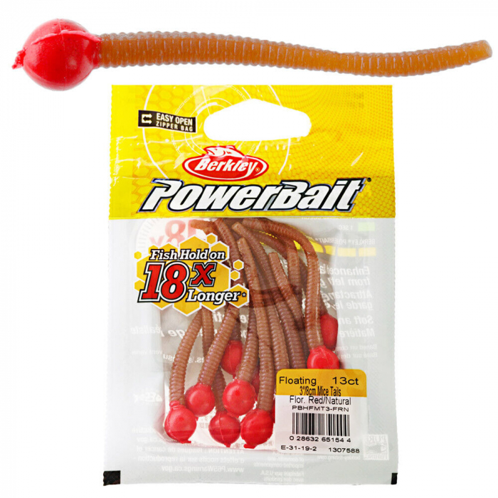 Momeala Berkley PowerBait Floating Mice Tails Original Scent, 8 cm, Fluorescent Red/ Natural, 13 bucati [2]