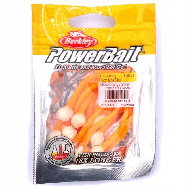 Momeala Berkley PowerBait Floating Mice Tails Original Scent, 8 cm, Glow/ Orange Silver, 13 bucati [2]