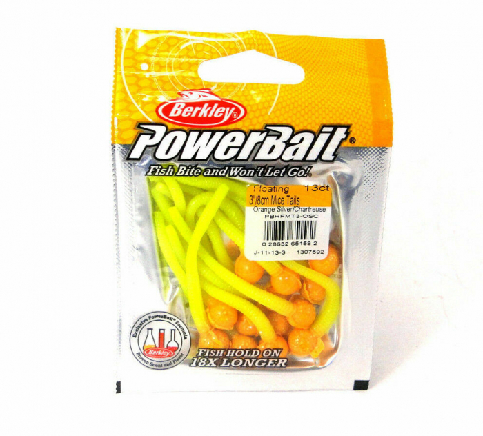 Momeala Berkley PowerBait Floating Mice Tails Original Scent, 8 cm, Orange Silver/ chartreuse, 13 bucati [2]