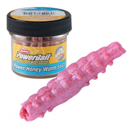 Pentru pastrav - Momeala Berkley PowerBait Honey Worm 2,5cm Bubblegum 25 bucati/borcan