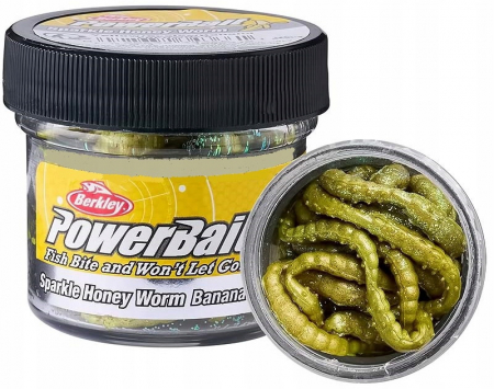 Pentru pastrav - Momeala Berkley PowerBait Honey Worm Aroma Banana 2,5cm Yellow with Scales, 55 bucati/borcan