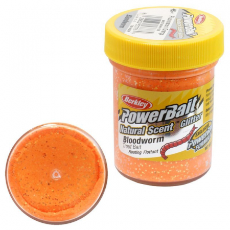 Pastrav - Momeala pentru păstrăv Berkley PowerBait Natural Scent Glitter - aroma vierme de sange, Fluorange
