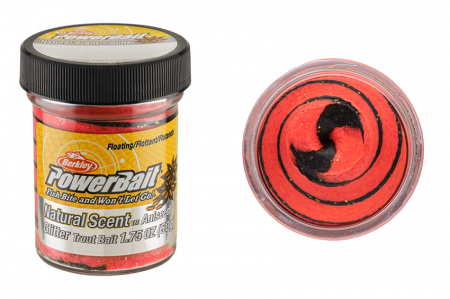 Pastrav - Momeala pentru păstrăv Berkley PowerBait, Natural Scent Glitter - aroma anason, Black/ Red Fluorescent