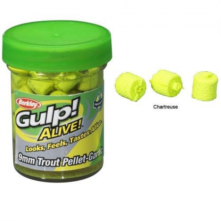 Naluci soft - Momeala pentru pastrav Gulp! Alive Trout Pellets, aroma usturoi, 9mm, Chartreuse
