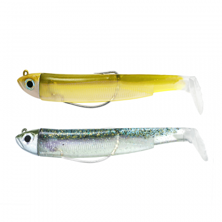 Pentru pastrav - Naluca Fiiish Black Minnow No3 Double Combo Shad: 2 Jig Heads 12g + 2 Lure Bodies 12cm - Ghost Minnow + Wakasagi