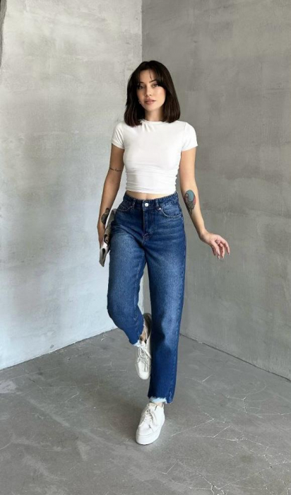 Blugi Boyfriend Albastru Închis cu Model [4]