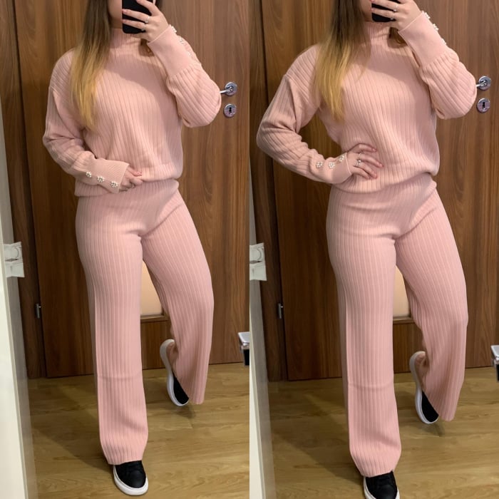 Compleu Dama Tricot Roz Somon Evazat cu Accesorii [2]