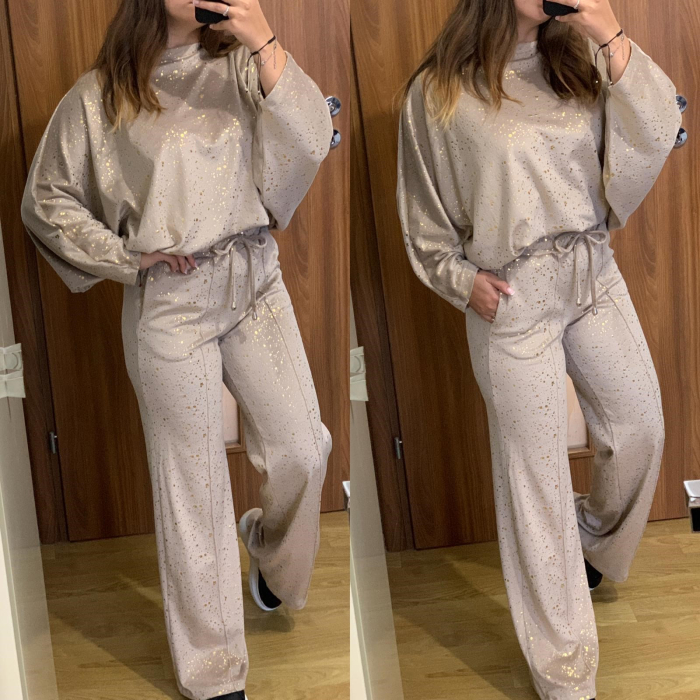 Trening evazat din catifea bej cu sclipici auriu [2]