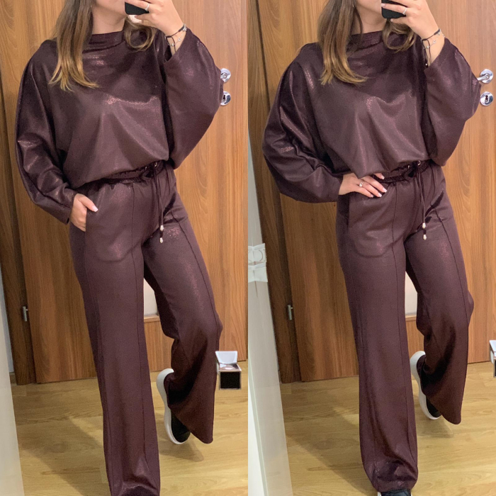 Trening evazat din catifea maro inchis cu sclipici [1]