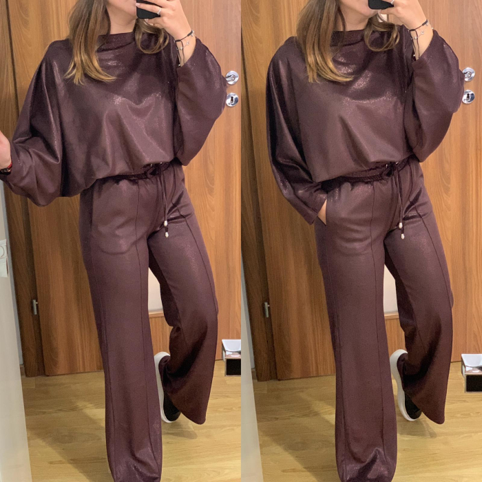 Trening evazat din catifea maro inchis cu sclipici [2]