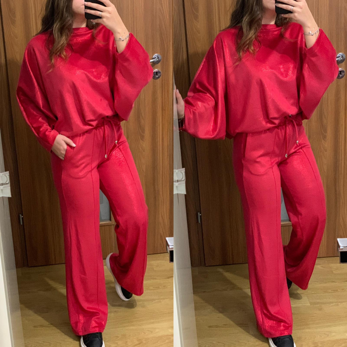 Trening evazat din catifea rosu cu sclipici [2]