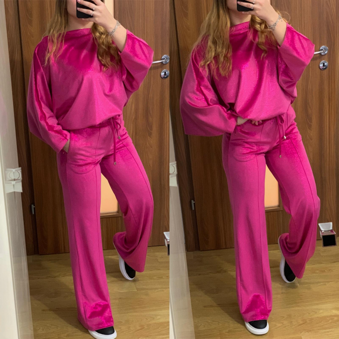 Trening evazat din catifea roz fuchsia cu sclipici [2]