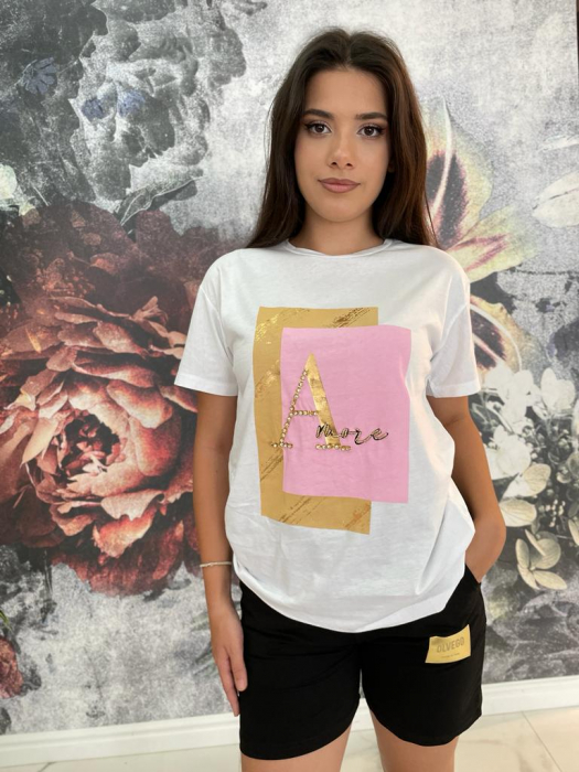Tricou Dama Alb cu Imprimeu Colorat și Accesorii [5]