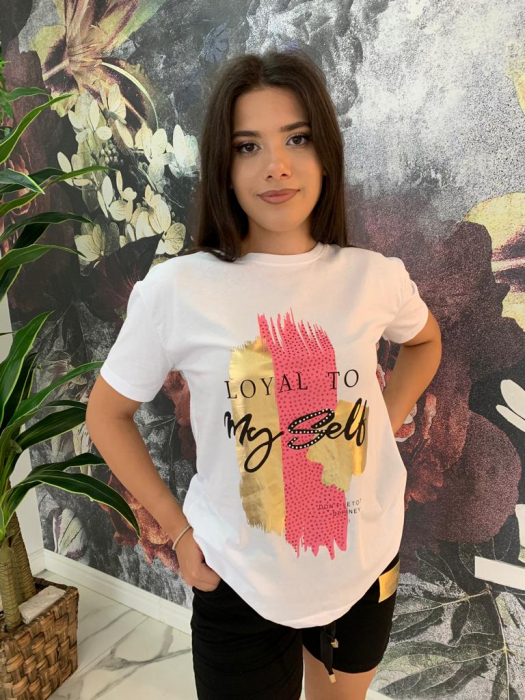 Tricou Dama Alb cu Imprimeu Colorat si Strasuri [2]